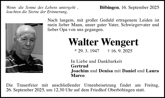 Traueranzeige von Walter Wengert von Gmünder Tagespost
