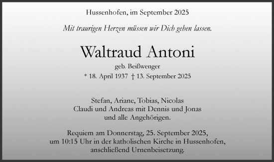 Traueranzeige von Waltraud Antoni von Gmünder Tagespost