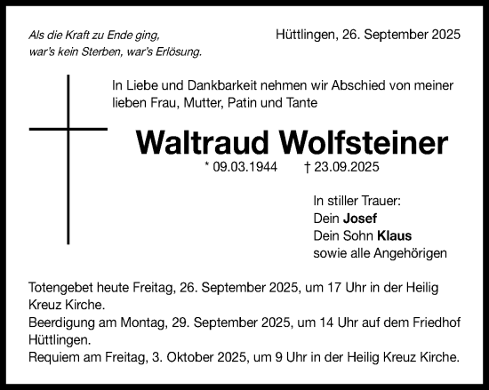 Traueranzeige von Waltraud Wolfsteiner von Schwäbische Post