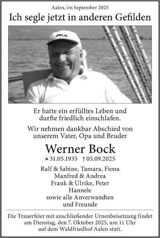 Traueranzeige von Werner Bock von Schwäbische Post