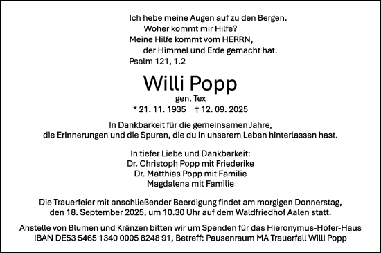 Traueranzeige von Willi Popp von Schwäbische Post