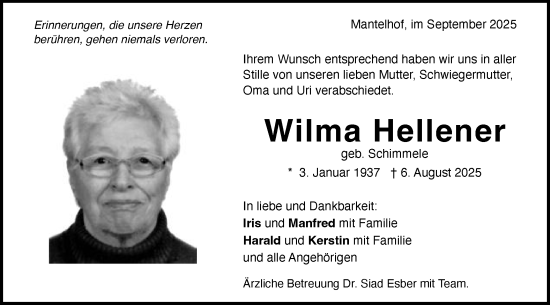 Traueranzeige von Wilma Hellener von Schwäbische Post