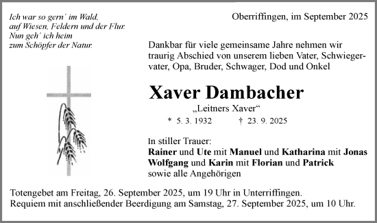 Traueranzeige von Xaver Dambacher von Schwäbische Post
