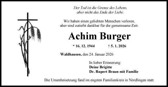 Traueranzeige von Achim Burger von Schwäbische Post