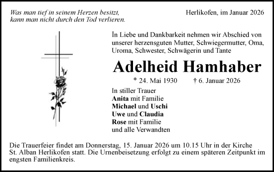 Traueranzeige von Adelheid Hamhaber von Gmünder Tagespost