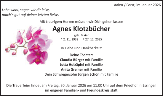 Traueranzeige von Agnes Klotzbücher von Schwäbische Post