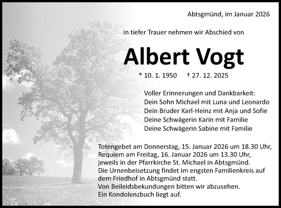 Traueranzeige von Albert Vogt von Schwäbische Post