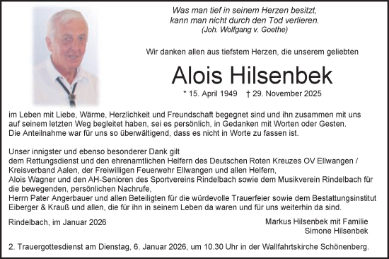 Traueranzeige von Alois Hilsenbek von Schwäbische Post