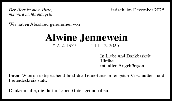 Traueranzeige von Alwine Jennewein von Gmünder Tagespost
