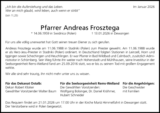 Traueranzeige von Andreas Frosztega von Schwäbische Post