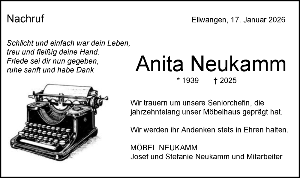  Traueranzeige für Anita Neukamm vom 17.01.2026 aus Schwäbische Post