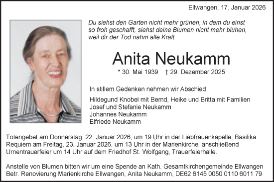 Traueranzeige von Anita Neukamm von Schwäbische Post