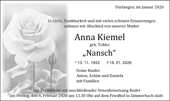 Traueranzeige von Anna Kiemel von Gmünder Tagespost