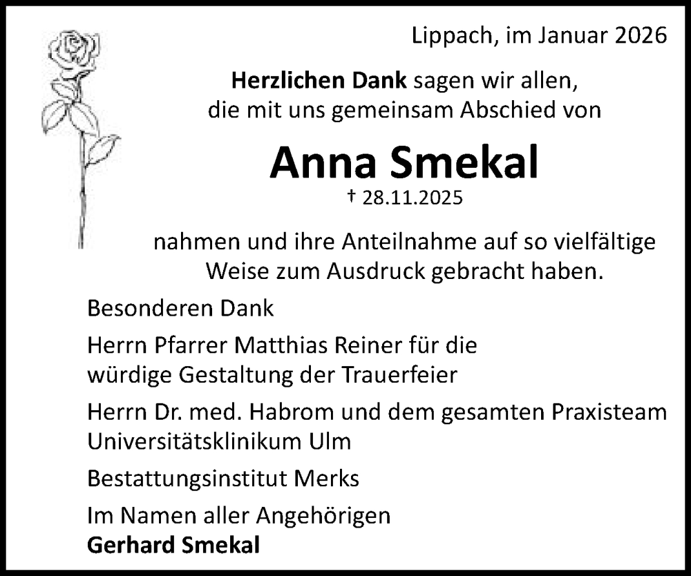  Traueranzeige für Anna Smekal vom 03.01.2026 aus Schwäbische Post