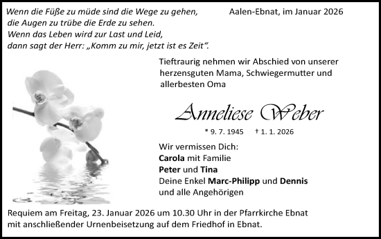 Traueranzeige von Anneliese Weber von Schwäbische Post