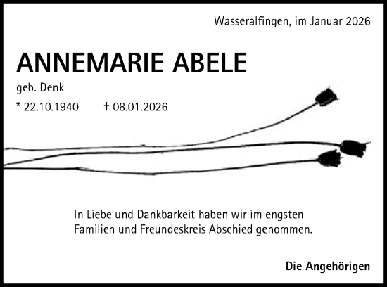 Traueranzeige von Annemarie Abele von Schwäbische Post