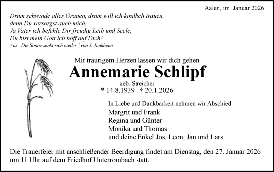 Traueranzeige von Annemarie Schlipf von Schwäbische Post