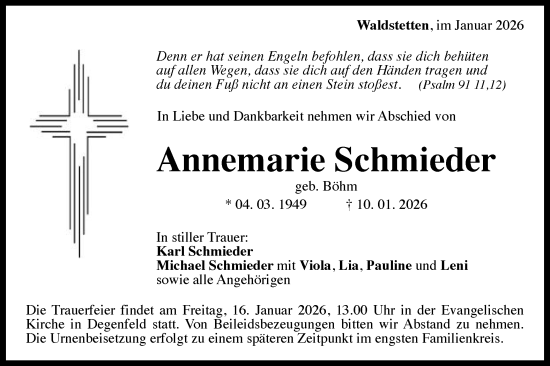Traueranzeige von Annemarie Schmieder von Gmünder Tagespost