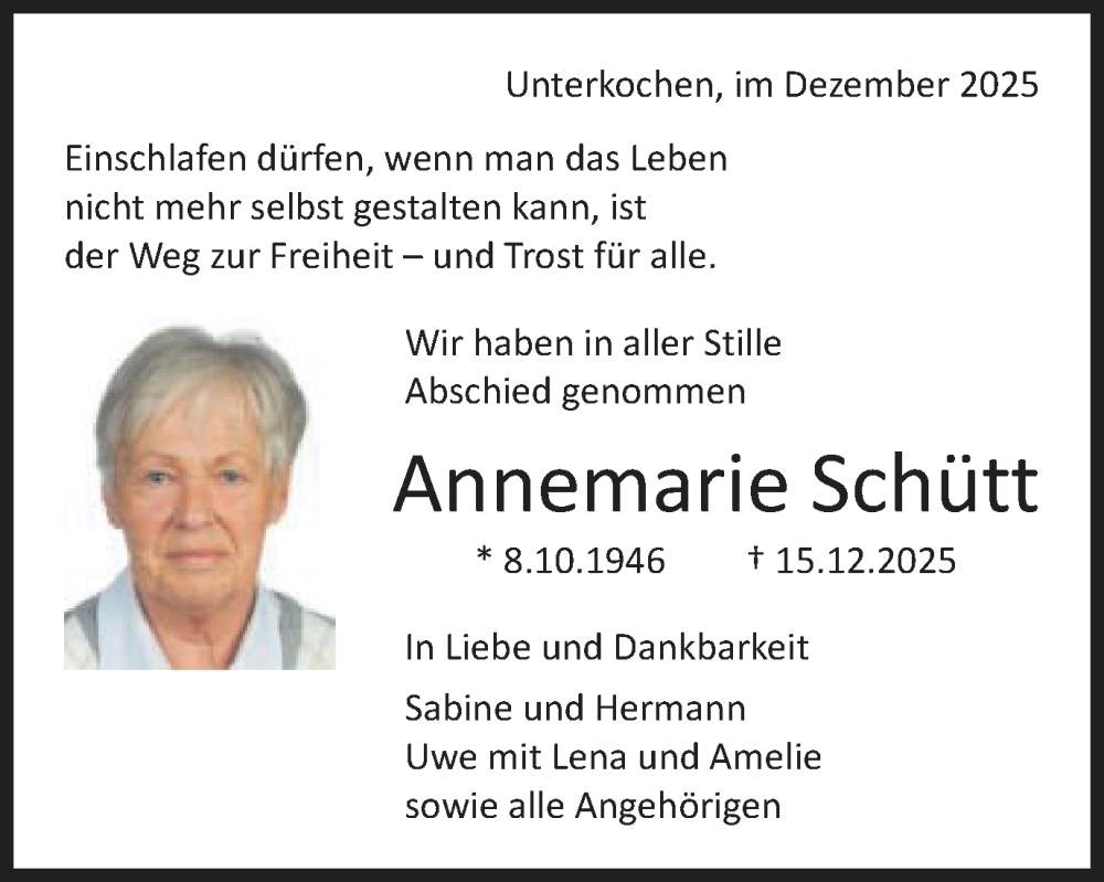 Traueranzeige für Annemarie Schütt vom 09.01.2026 aus Schwäbische Post