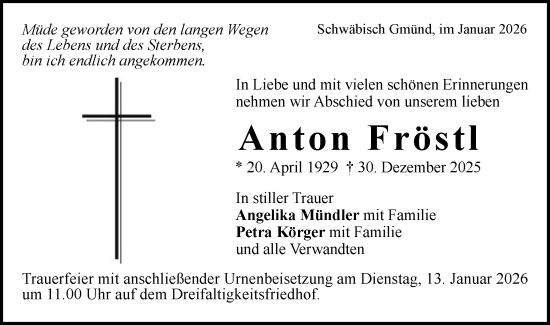 Traueranzeige von Anton Fröstl von Gmünder Tagespost