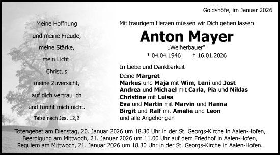 Traueranzeige von Anton Mayer von Schwäbische Post