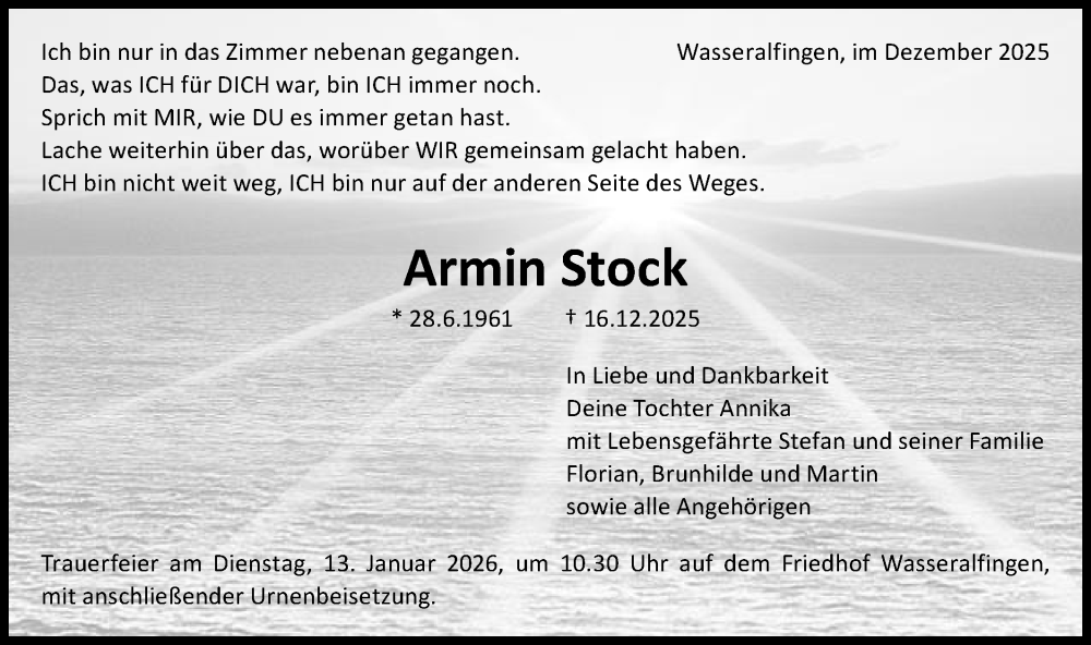  Traueranzeige für Armin Stock vom 09.01.2026 aus Schwäbische Post