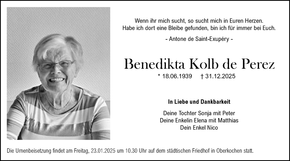  Traueranzeige für Benedikta Kolb de Perez vom 17.01.2026 aus Schwäbische Post