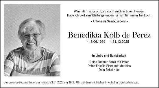 Traueranzeige von Benedikta Kolb de Perez von Schwäbische Post