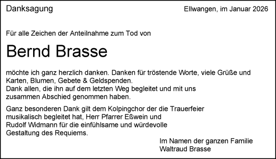 Traueranzeige von Bernd Brasse von Schwäbische Post