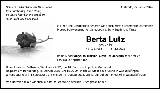 Traueranzeige von Berta Lutz von Schwäbische Post