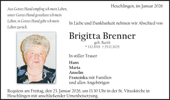 Traueranzeige von Brigitta Brenner von Schwäbische Post