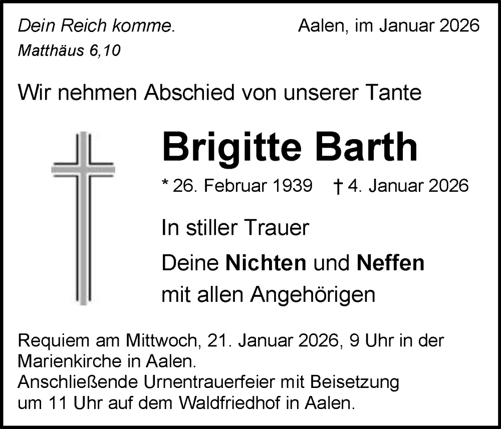  Traueranzeige für Brigitte Barth vom 17.01.2026 aus Schwäbische Post