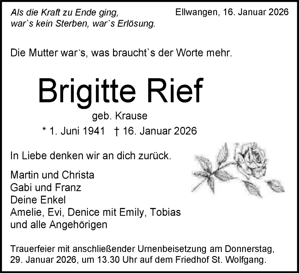  Traueranzeige für Brigitte Rief vom 24.01.2026 aus Schwäbische Post