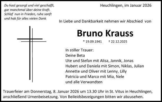 Traueranzeige von Bruno Krauss von Gmünder Tagespost