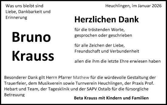 Traueranzeige von Bruno Krauss von Gmünder Tagespost