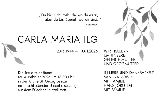 Traueranzeige von Carla Maria Ilg von Gmünder Tagespost