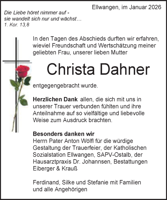 Traueranzeige von Christa Dahner von Schwäbische Post