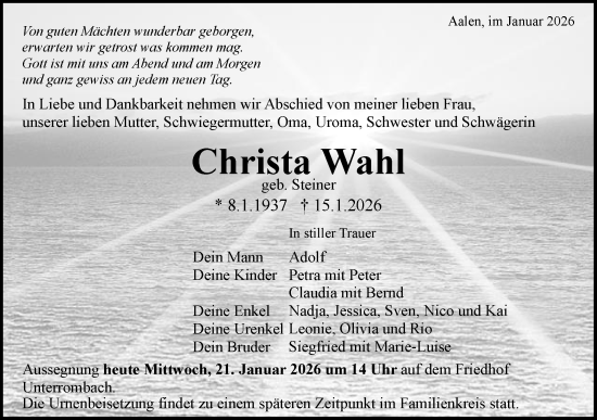 Traueranzeige von Christa Wahl von Schwäbische Post