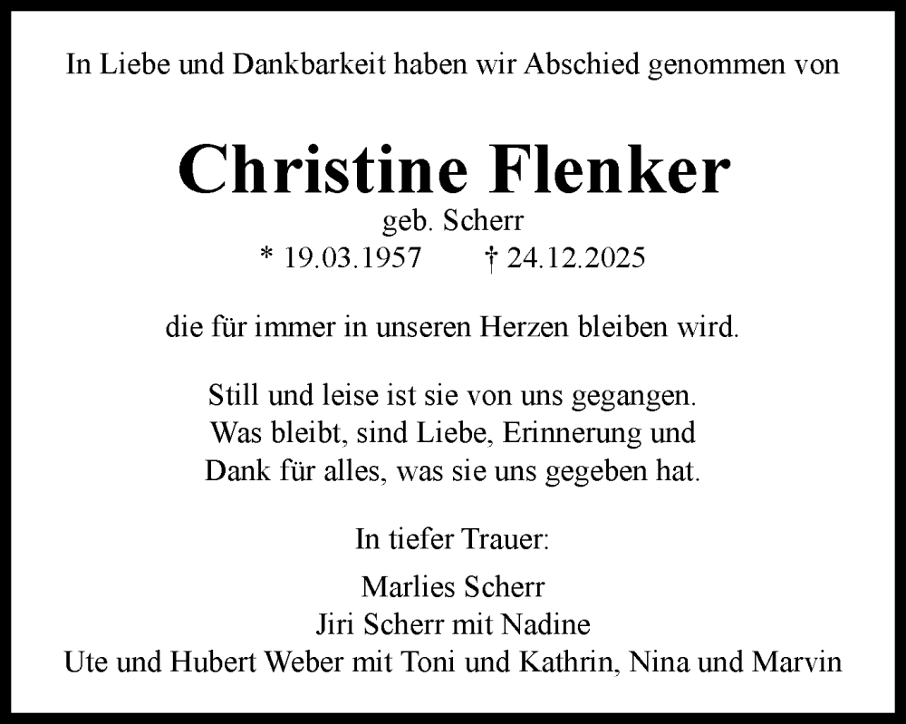  Traueranzeige für Christine Flenker vom 17.01.2026 aus Schwäbische Post