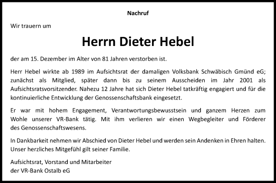Traueranzeige von Dieter Hebel von Schwäbische Post