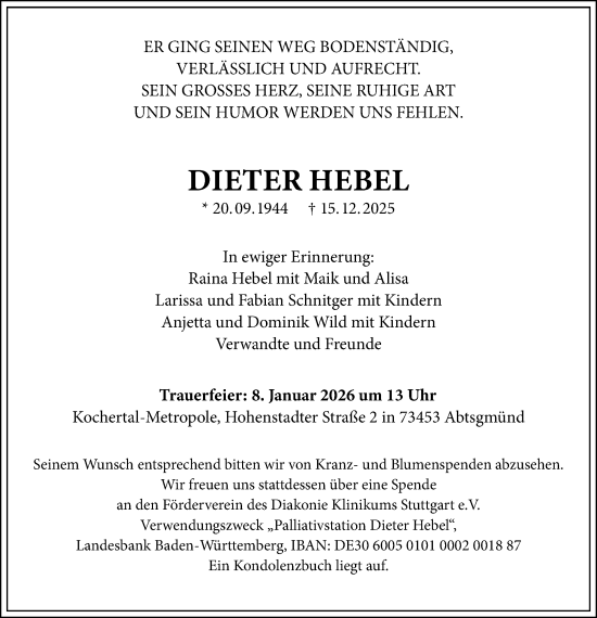 Traueranzeige von Dieter Hebel von Schwäbische Post