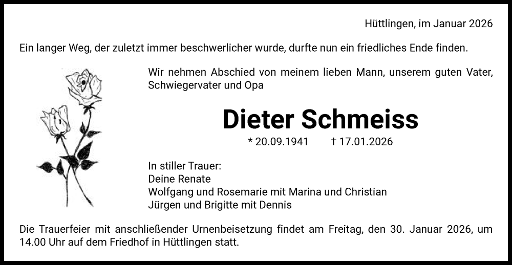  Traueranzeige für Dieter Schmeiß vom 24.01.2026 aus Schwäbische Post