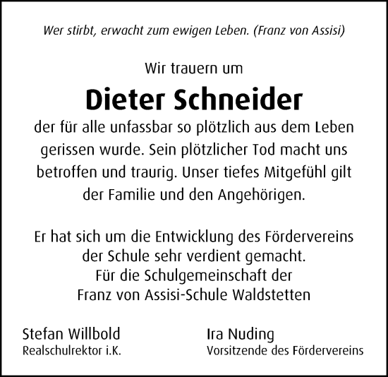 Traueranzeige von Dieter Schneider von Gmünder Tagespost