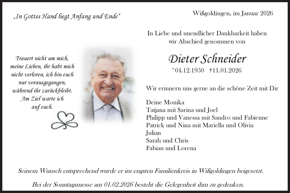  Traueranzeige für Dieter Schneider vom 24.01.2026 aus Gmünder Tagespost