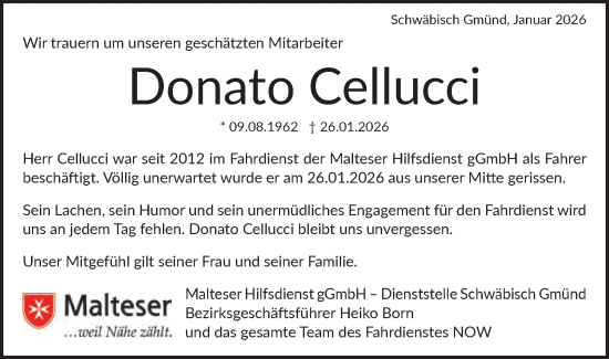 Traueranzeige von Donato Cellucci von Schwäbische Post
