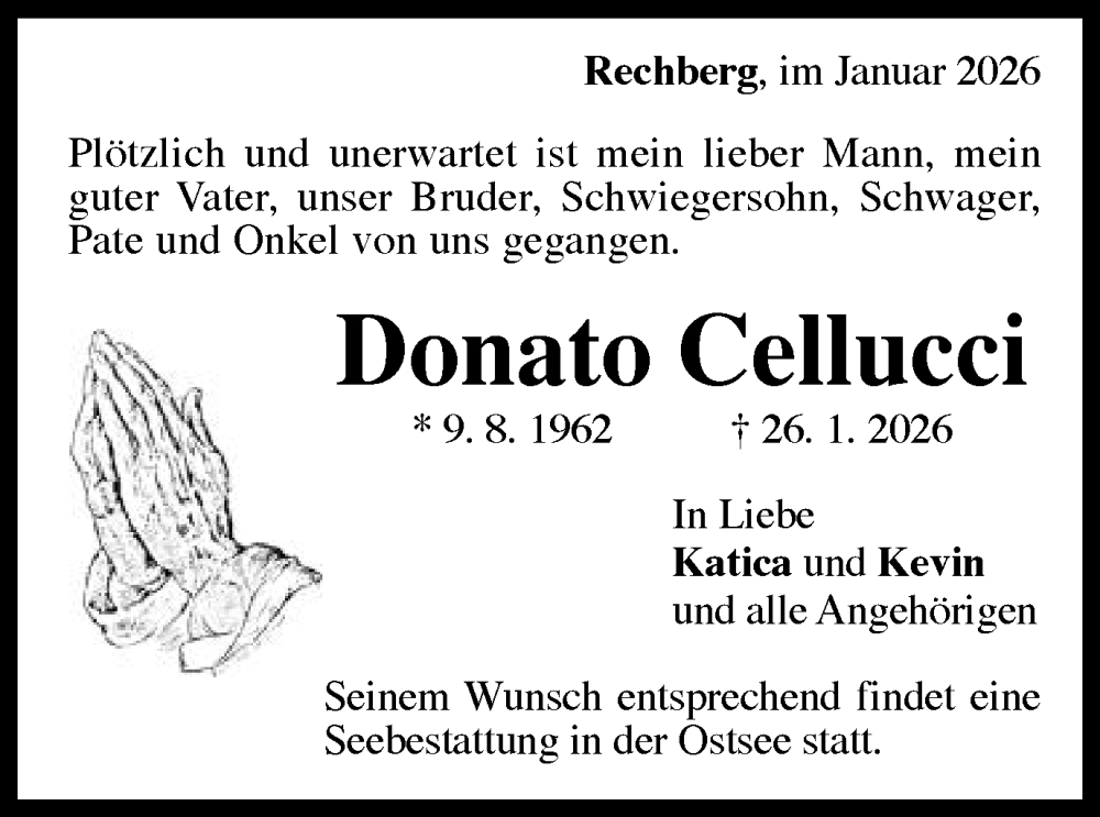  Traueranzeige für Donato Cellucci vom 31.01.2026 aus Gmünder Tagespost