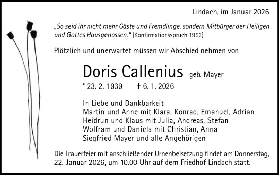Traueranzeige von Doris Callenius von Gmünder Tagespost