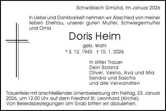 Traueranzeige von Doris Heim von Gmünder Tagespost