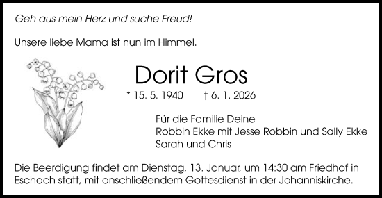 Traueranzeige von Dorit Gros von Gmünder Tagespost