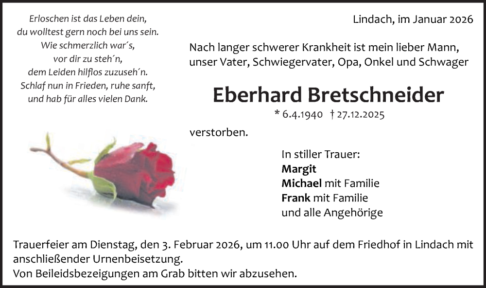  Traueranzeige für Eberhard Bretschneider vom 29.01.2026 aus Gmünder Tagespost
